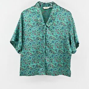 Vtg VICTORIAS SECRET Womens Pajama Top Size M Gold Label Teal Satin Floral Print